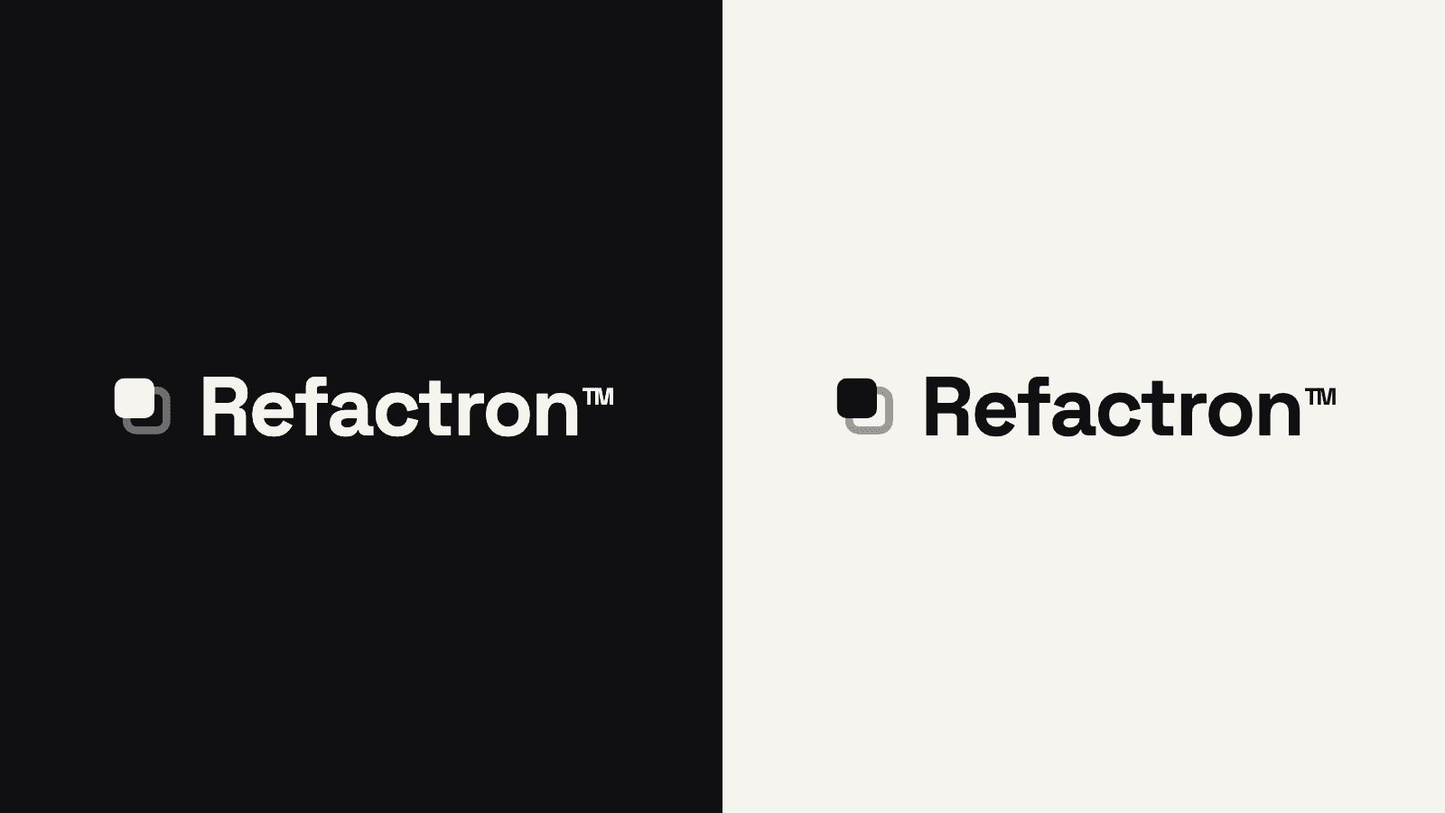 The Refactron lockup, symbol plus wordmark, inverted on dark and light grounds.